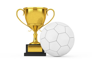 Football Soccer Award Concept. Golden Award Trophy with White Leather Football Soccer Ball. 3d Rendering