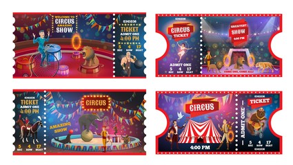 Circus tickets with acrobats, animals and magician