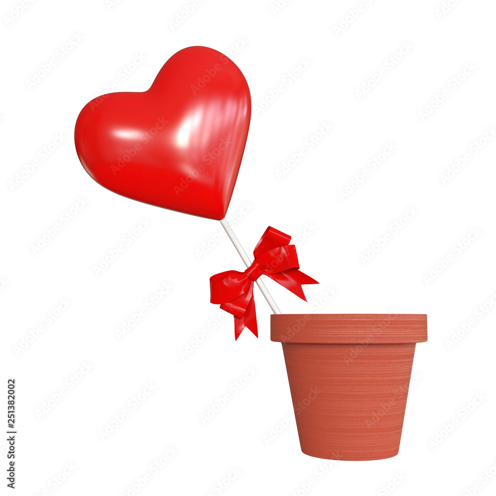 Aufkleber Red Heart with Red Ribbon in Flowers Pot. 3d Rendering