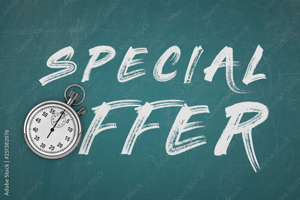 Poster stopwatch with special offer sign. 3d rendering