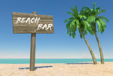 Tourism and Travel Concept. Wooden Direction Signbard with Beach Bar Sign in Tropical Paradise Beach with White Sand and Coconut Palm Trees. 3d Rendering