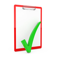 Green Check Mark over Red Clipboard with Blank Paper. 3d Rendering