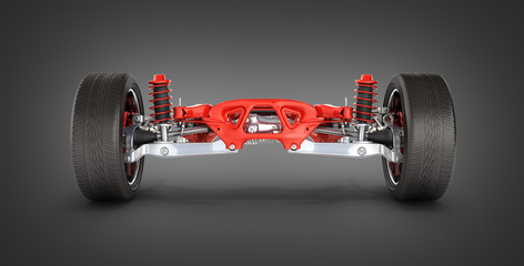 Suspension of the car with wheel and engine isolated on black gradient background 3d