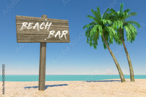 Tourism and Travel Concept. Wooden Direction Signbard with Beach Bar Sign in Tropical Paradise Beach with White Sand and Coconut Palm Trees. 3d Rendering