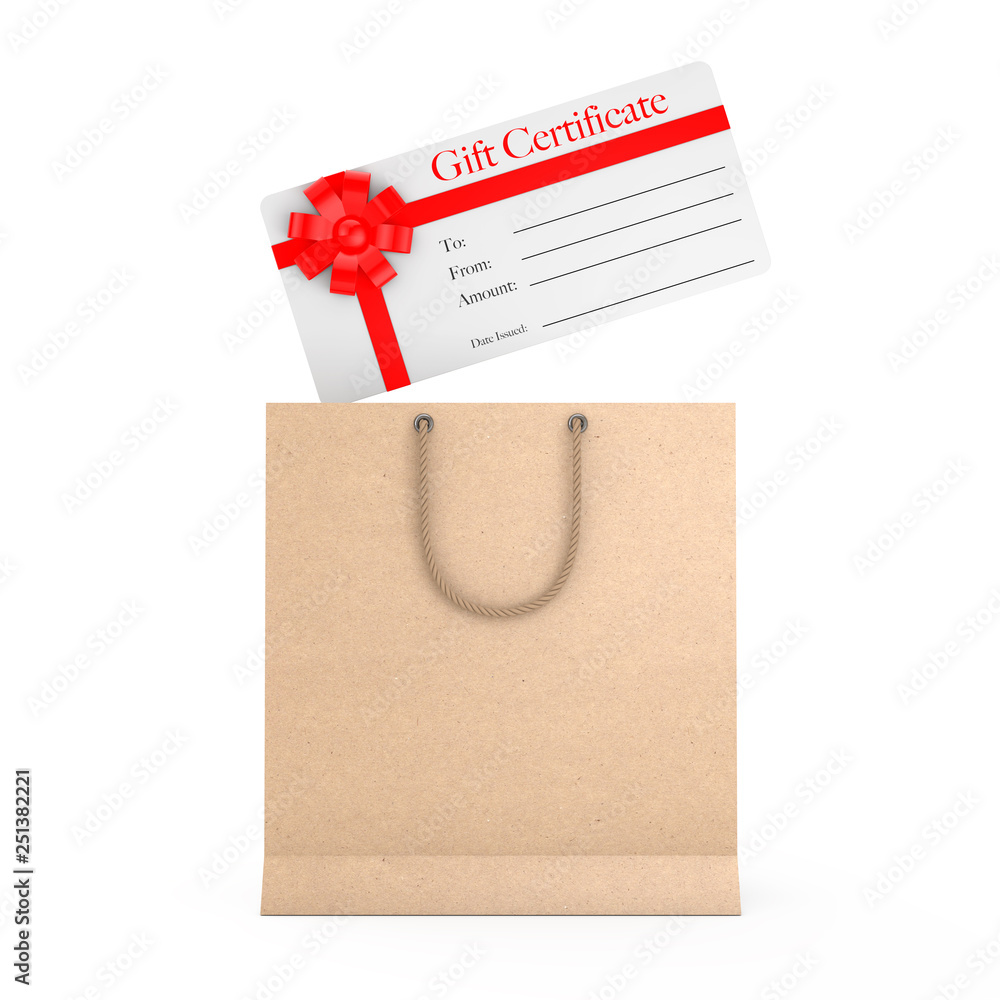 Poster gift certificate with red ribbon and bow falling in to paper bag. 3d rendering