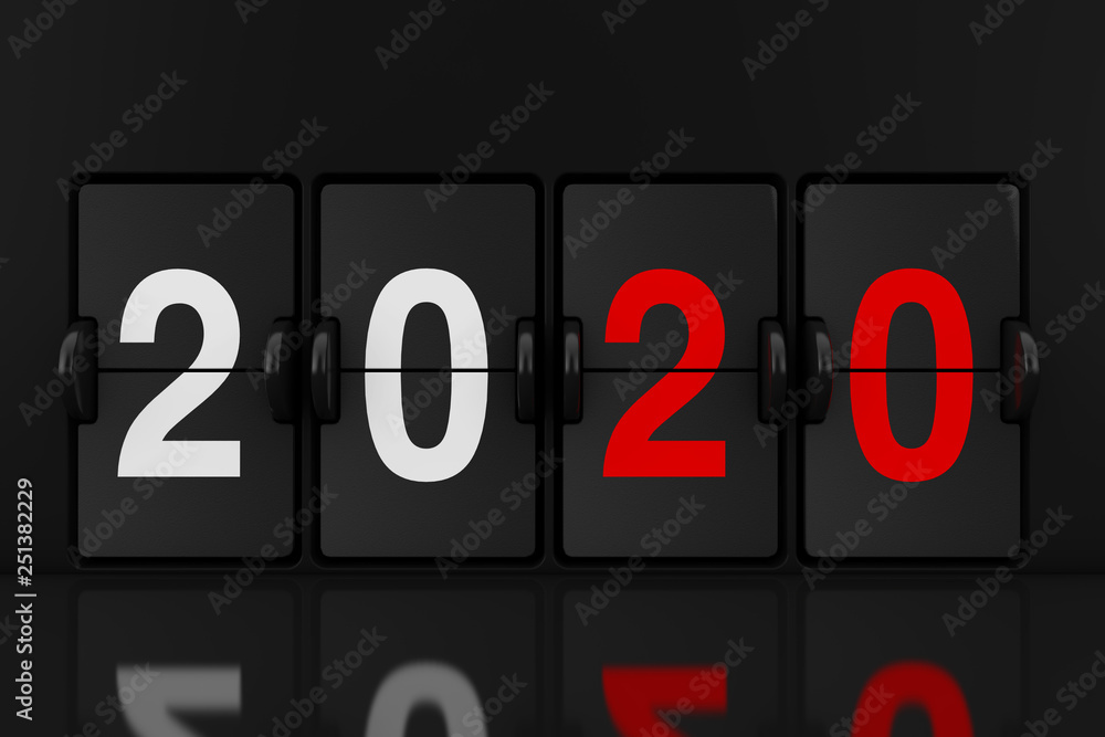 Poster mechanical analog flip clock board with 2020 new year sign. 3d rendering