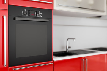 Modern Black Electric Oven Build In Red Kitchen Furniture. 3d Rendering