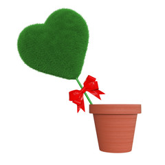 Green Grass Heart with Red Ribbon in Flowers Pot. 3d Rendering