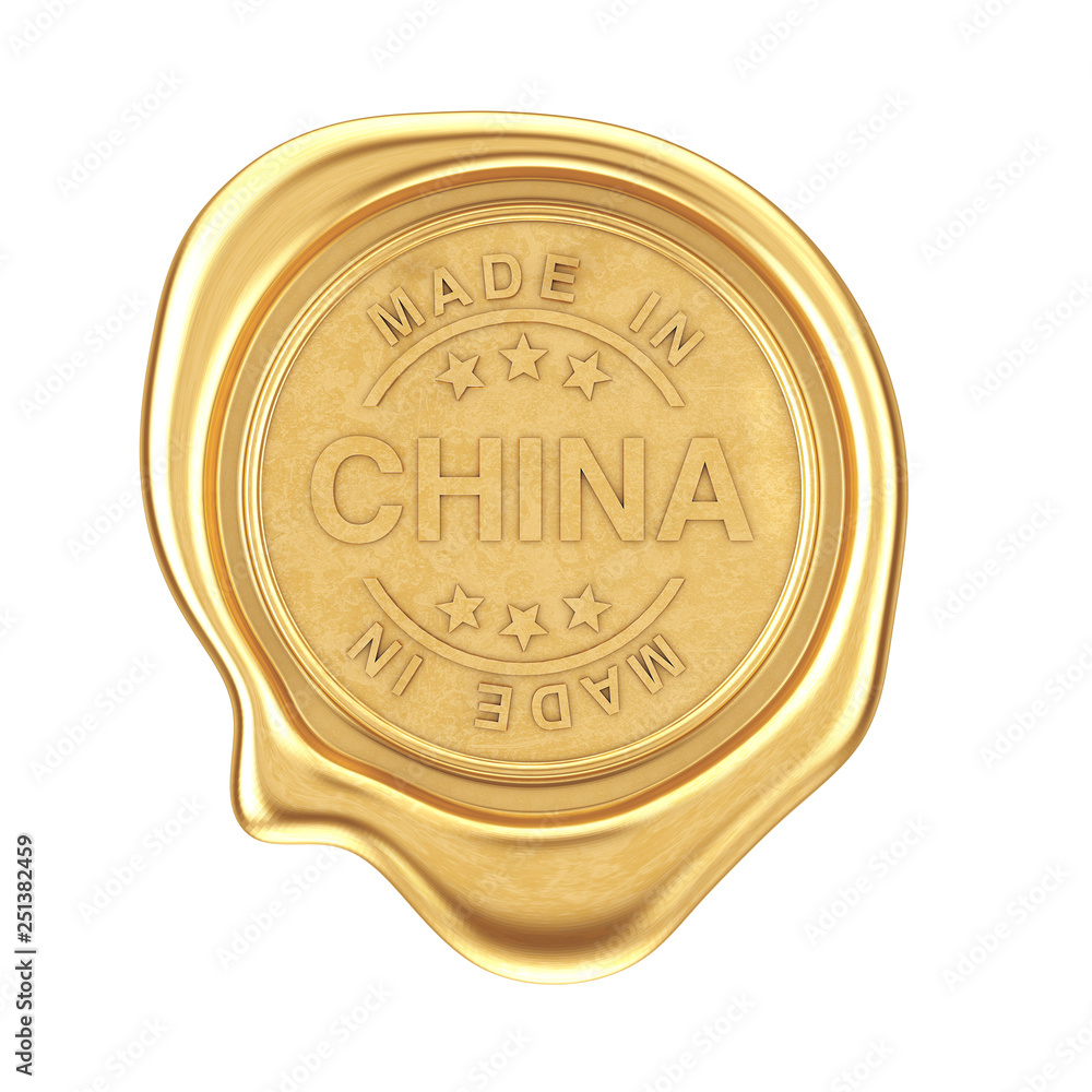 Poster gold wax seal with made in china sign. 3d rendering