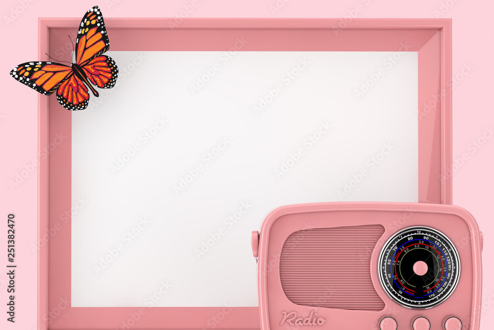 Poster Retro Pink Radio in front of Empty Pink Photo Frame with Butterfly. 3d Rendering