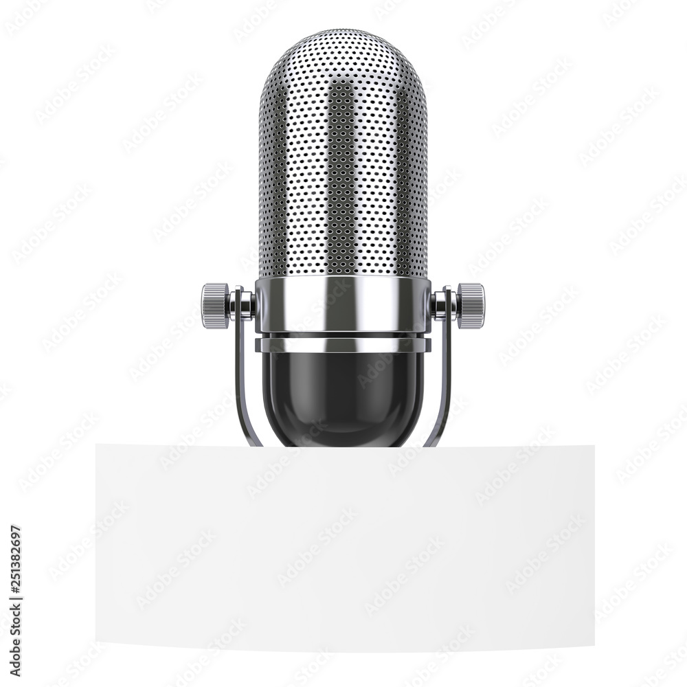 Poster blank white paper tag with free space for yourth design in front of vintage microphone. 3d rendering