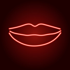 Lips female smile of neon red glowing lines on dark background. Vector illustration.