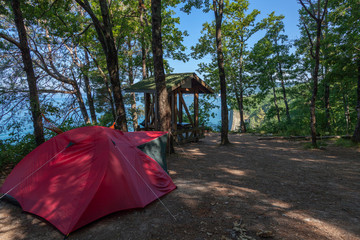 Camping and tent under the oak trees near the sea with beautiful sunlight