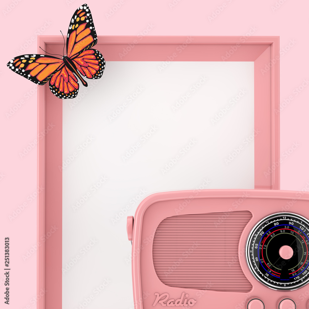 Poster Retro Pink Radio in front of Empty Pink Photo Frame with Butterfly. 3d Rendering