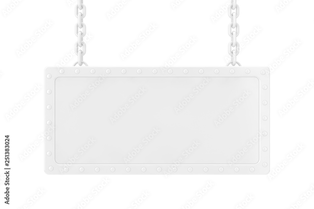 Poster white blank sign hanging on a chain in clay style. 3d rendering