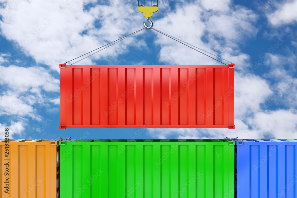 Poster Red Cargo Shipping Container Transportation with Crane Hook. 3d Rendering