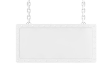 White Blank Sign Hanging on a Chain in Clay Style. 3d Rendering