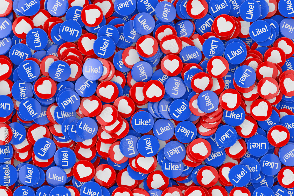 Aufkleber Heap of Social Media Network Love and Like Heart Badges Coins Background Texture. 3d Rendering