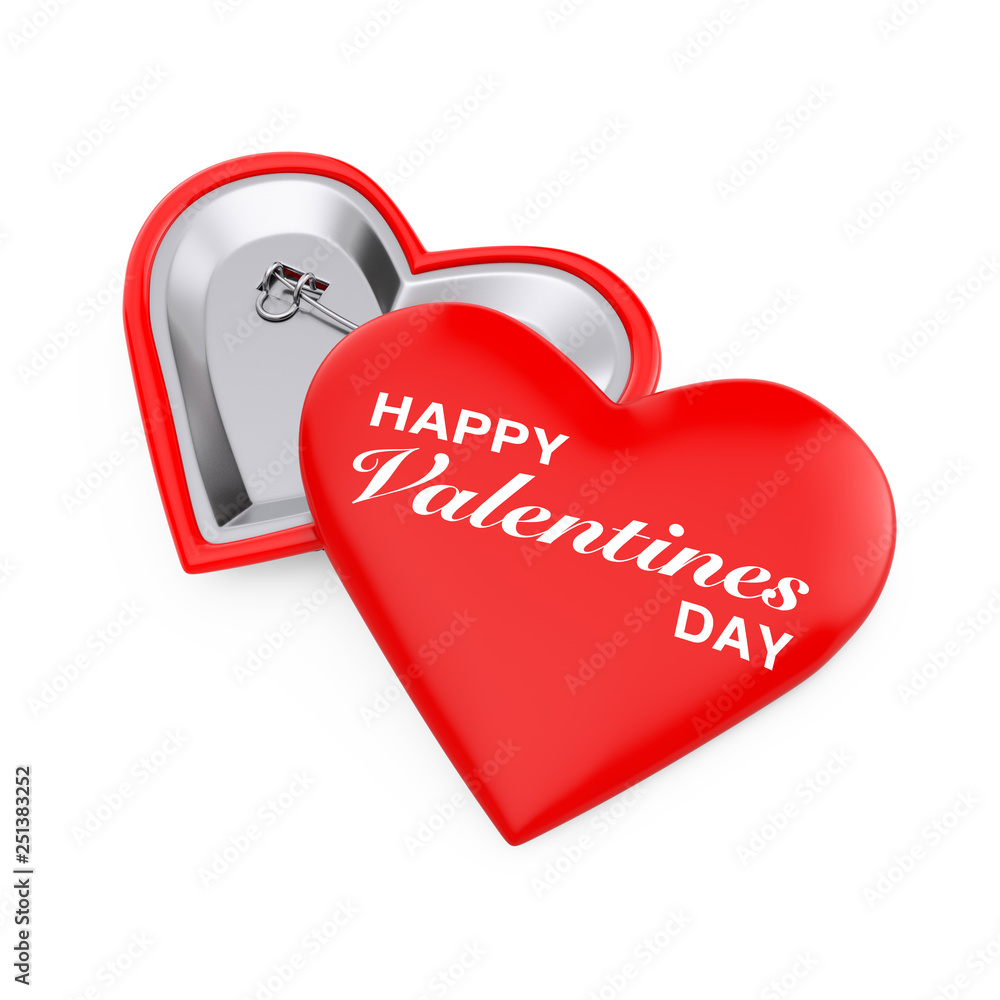Poster red heart pin badges with happy valentines day sign. 3d rendering