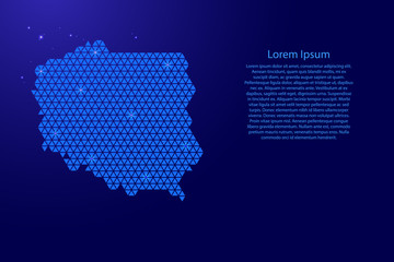 Poland map abstract schematic from blue triangles repeating pattern geometric background with nodes and space stars for banner, poster, greeting card. Vector illustration.