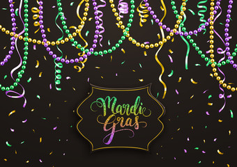 Mardi Gras holiday decorative postcard with colorful beads and calligraphic lettering, vector illustration