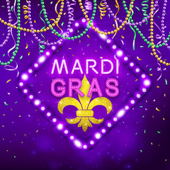 Mardi Gras decorative postcard with colorful traditional beads and gold symbol, vector illustration - 251383633