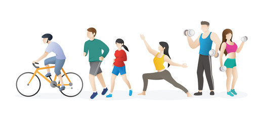 Plakat Healthy activities from people on white background. Young people doing physical activity, they are running, cycling and practicing yoga, healthy lifestyle and fitness concept - Vector