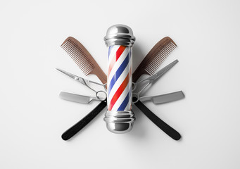 Barbershop logo design butterfly scissor background concept. - obrazy, fototapety, plakaty