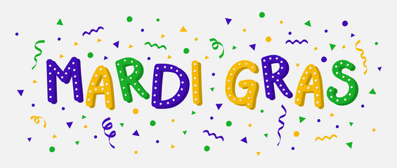 Design of Mardi Gras banner with serpentines and confetti. Vector