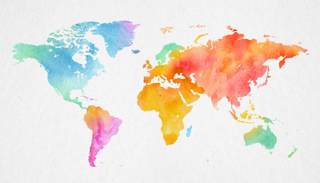 Mehrfarbenaquarell-Weltkarte auf Papierhintergrund.