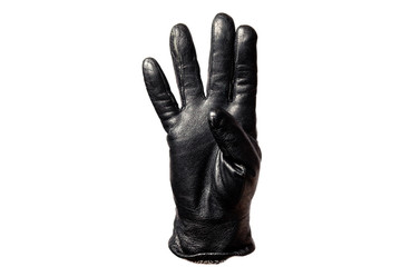 Closeup black leather glove, fingers showing number four. Isolated on white background. Concept symbols, signs, numbers