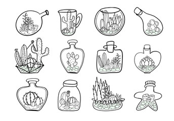 cute hand drawing doodle art of cactus and succulents tray garden and bottle garden isolated set collection
