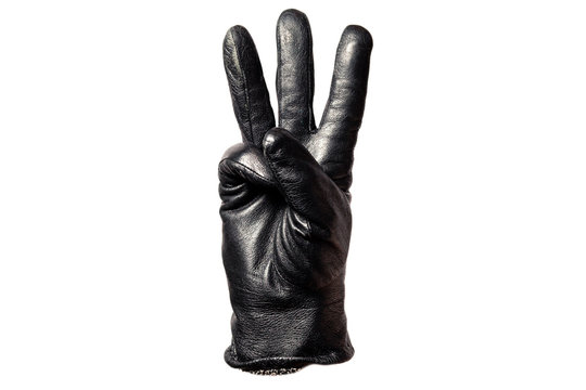 Closeup Black Leather Glove, Fingers Showing Number Three. Isolated On White Background. Concept Symbols, Signs, Numbers