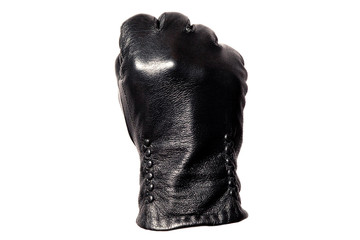 Closeup black leather glove, fingers showing fist sign. Isolated on white background. Concept...