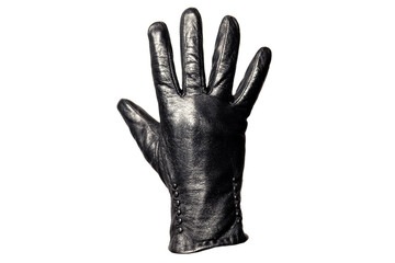 Close-up black leather glove, fingers showing number five. Isolated on white background. Concept symbols, signs, numbers