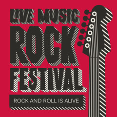 Vector poster or banner for Rock Festival of live music with a neck of electric guitar on the red background. Rock and roll is alive. Template for flyers, banners, invitations, brochures and covers