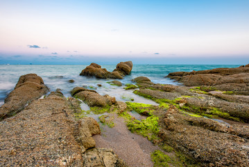 Beautiful rock beach with green moss and seascape sunset.