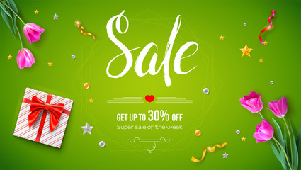 Sale, get up 30 percent off. Spring sale, voucher with present and discount. Tulips bouquet, golden toys and gift box on green background. Handwritten inscription Sale. Calligraphy cursive typeface