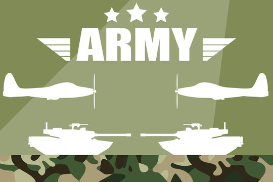 Military vector illustration. Military silhouettes background. Army and Air Force Vehicles. Army background, tank and fighter silhouettes.