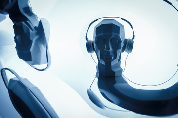 Silhouette of a cyber digital head in a headphones as a dj