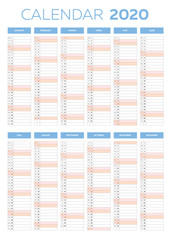 Business planner calendar vector template for 2020 year