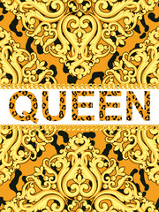 Yellow ornamental element on animal leopard texture with chains and text queen. Vector illustration