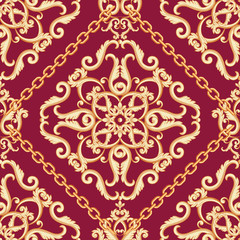 Seamless damask pattern. Golden beige on pink purple texture with chains. Vector illustration.