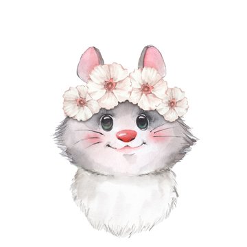 Mouse in wreath, cute watercolor illustration isolated on white