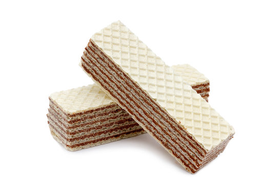 Isolated crunchy, chocolate nutty wafers on a white background. Food for sweet tooth