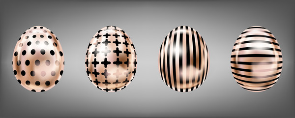 Four glance metallic eggs in pink color with black cross, stripes, dots. Isolated objects for Easter decoration
