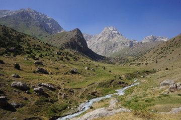 Fototapeta na wymiar Stream in the green mountain valley, Fann Mountains, Tajikistan 