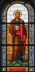 PRAGUE, CZECH REPUBLIC - OCTOBER 13, 2018: The apostle Saint Matthias the Evangelist in the stained...