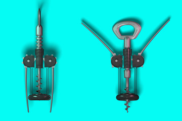 Corkscrew. Before, after. Open and closed. Bright, reflective. Modern  glass cork screw. On green, turquoise background. Top view.  Red and blue lighting. High resolution. 3d illustration