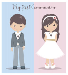 My First Communion girl and boy. Holy Communion vector